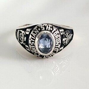 Men's 80s Academia Prep Sterling Silver Blue Topaz Signet School Cigar Ring  10